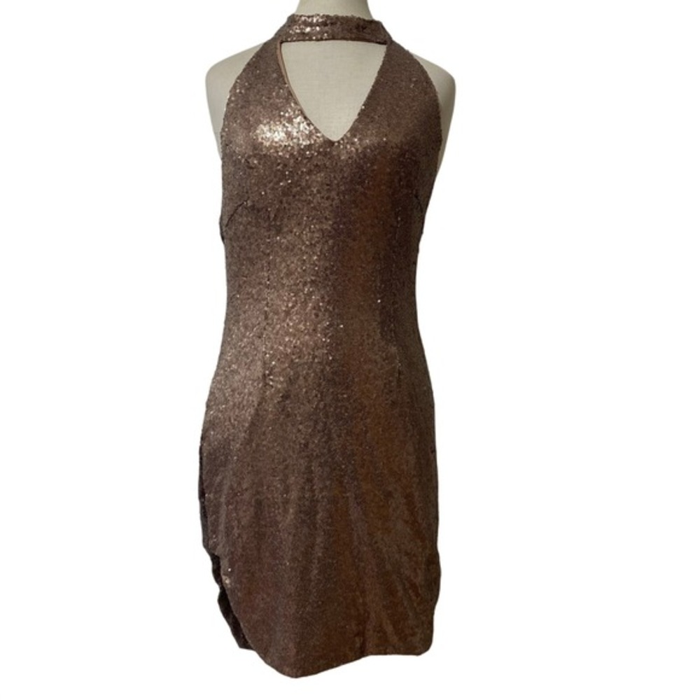 Morrisday The Label Brown Gold Sequin Halter Open Back Mini Cocktail Dress Large